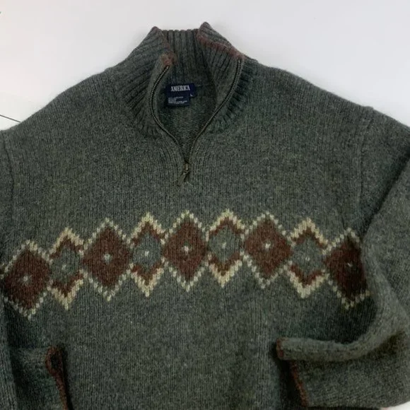 ❌SOLD❌Vintage 100% Wool Green Fair Isle /Scottish Argyle Half-Zip Sweater - Picture 7 of 8